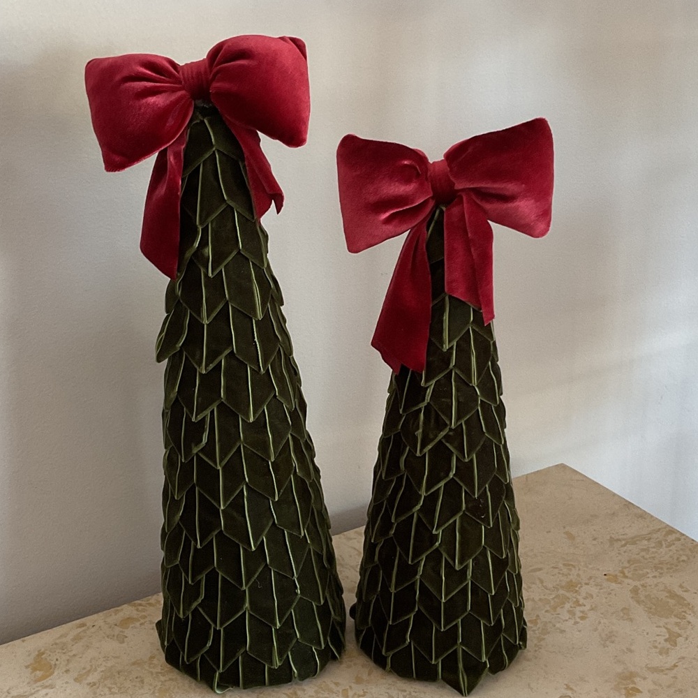 Festive Velvet Cone Trees with Red Bows